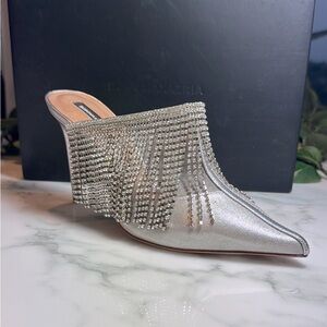 BCBGMaxAzria Silver Mule with Fringe Detail and Pointed Toe